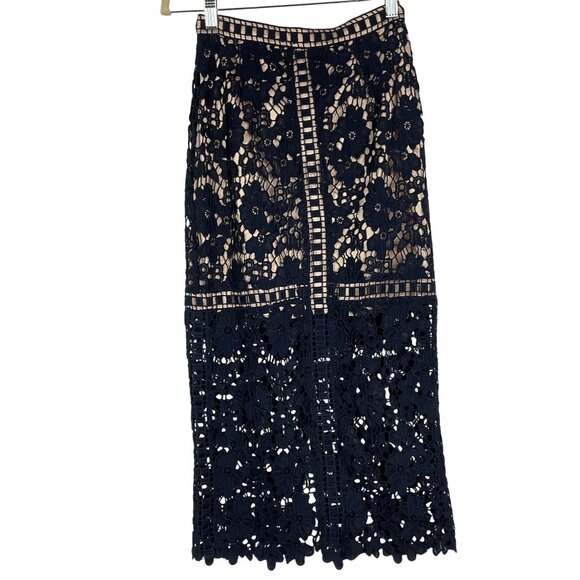 NWT asos Crochet Overlay Maxi Skirt, Navy Blue with Tan Lining, size US 2 - Picture 2 of 16